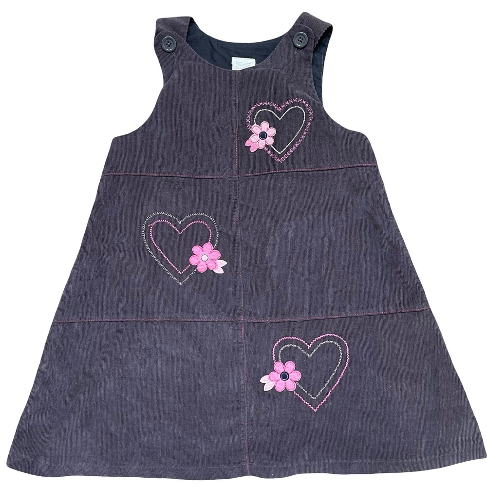 Vintage Girls Corduroy‎ Heart Flower Embroidered Pinafore Dress Size 6 Gray Pink